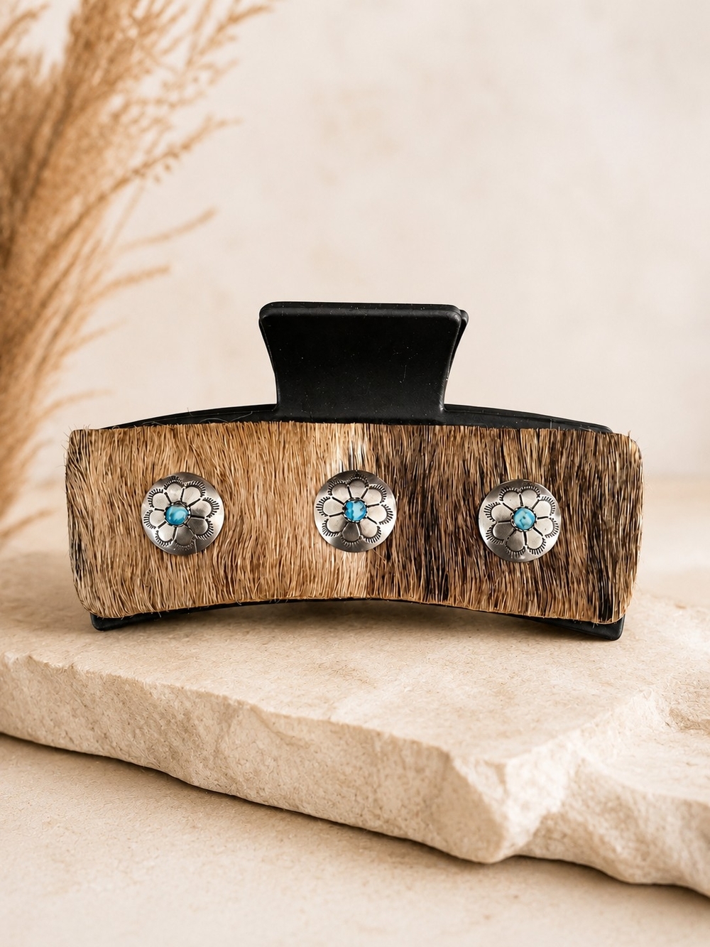 Rockin' 3 Leather Hair-On Hide, Claw Clip with Turquoise and Silver Conchos